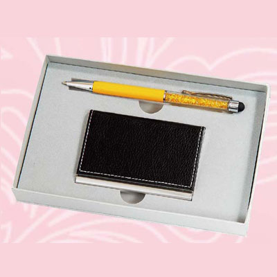 GC2 觸控黃晶鑽+皮面金屬名片夾磁盒禮盒 C009/ 組